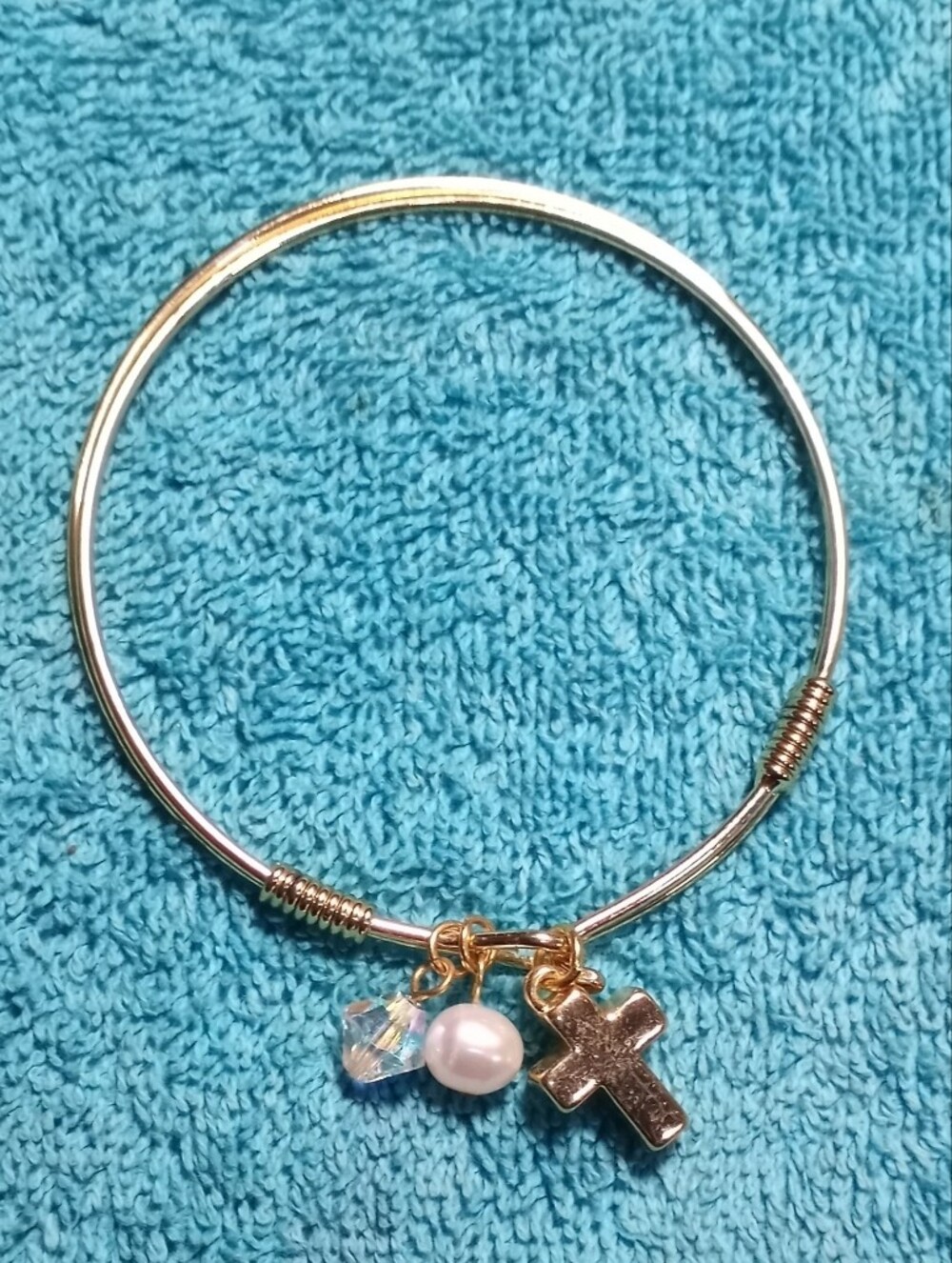 Gold Charm Bangle Bracelet with Cross, Pearl & Crystal